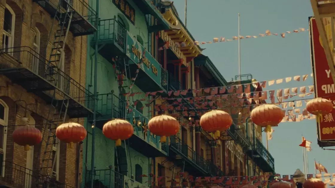 Hanging lanterns in Chinatown during the day.